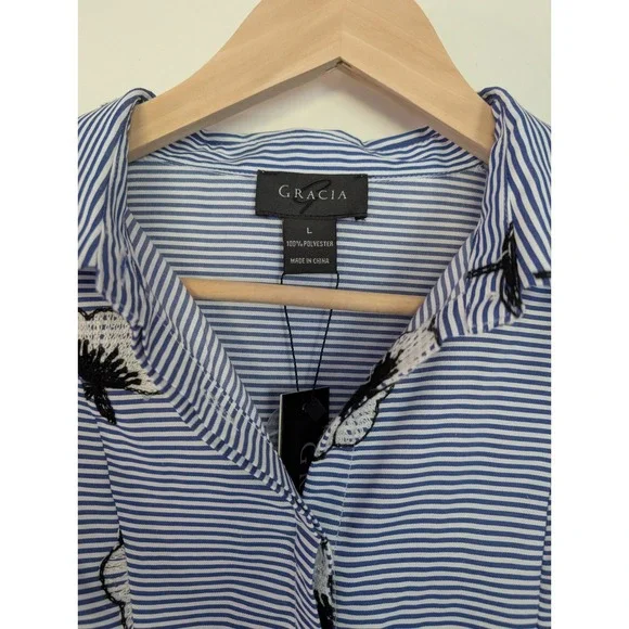 GRACIA Blue Stripe Floral Ruffle Sleeve Asymmetrical Shirt L Bold Statement Glam - Picture 3 of 11